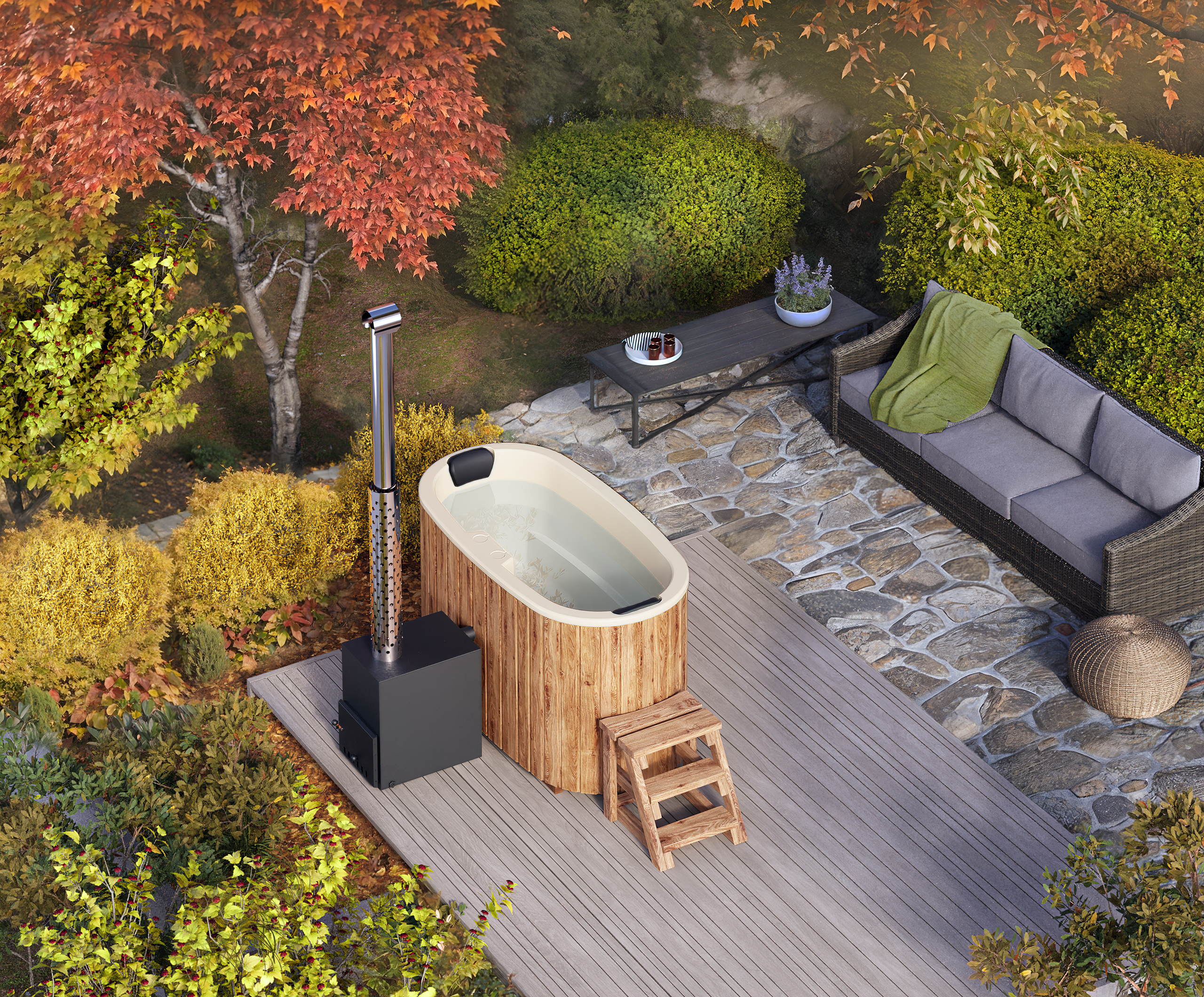 For 2 persons Wood-fired Hot Tub from Fiberglass
