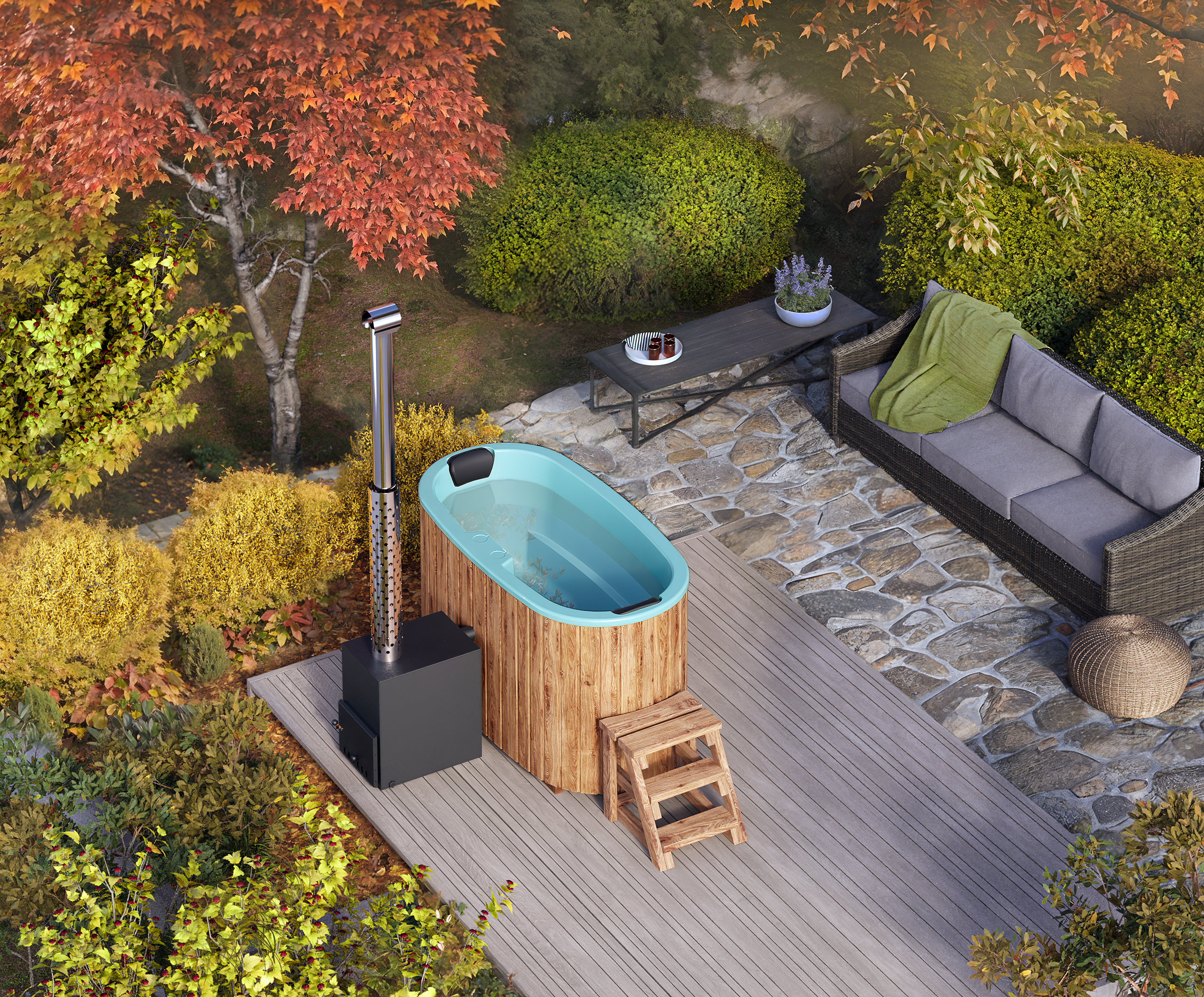 For 2 persons Wood-fired Hot Tub from Fiberglass