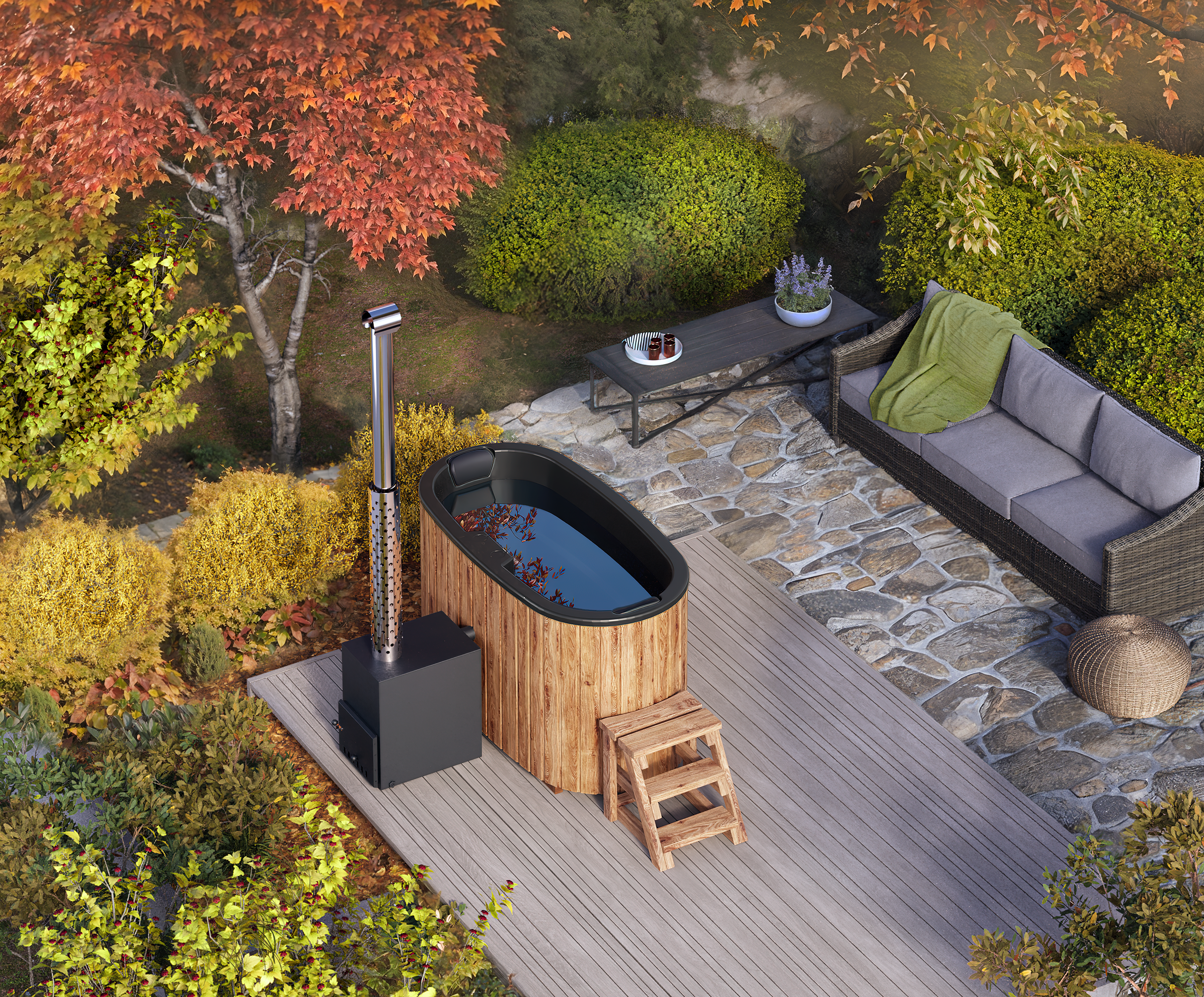 For 2 persons Wood-fired Hot Tub from Fiberglass