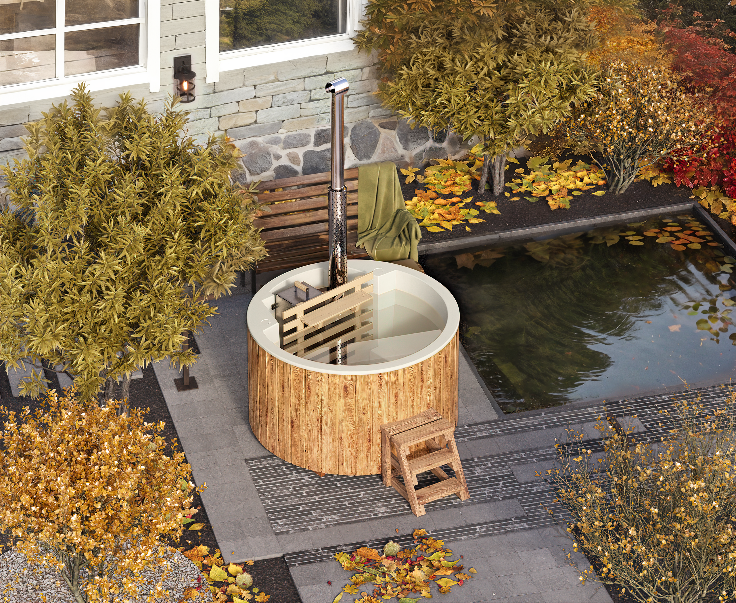 For 3 persons Wood-fired Hot Tub with an Inside Heater
