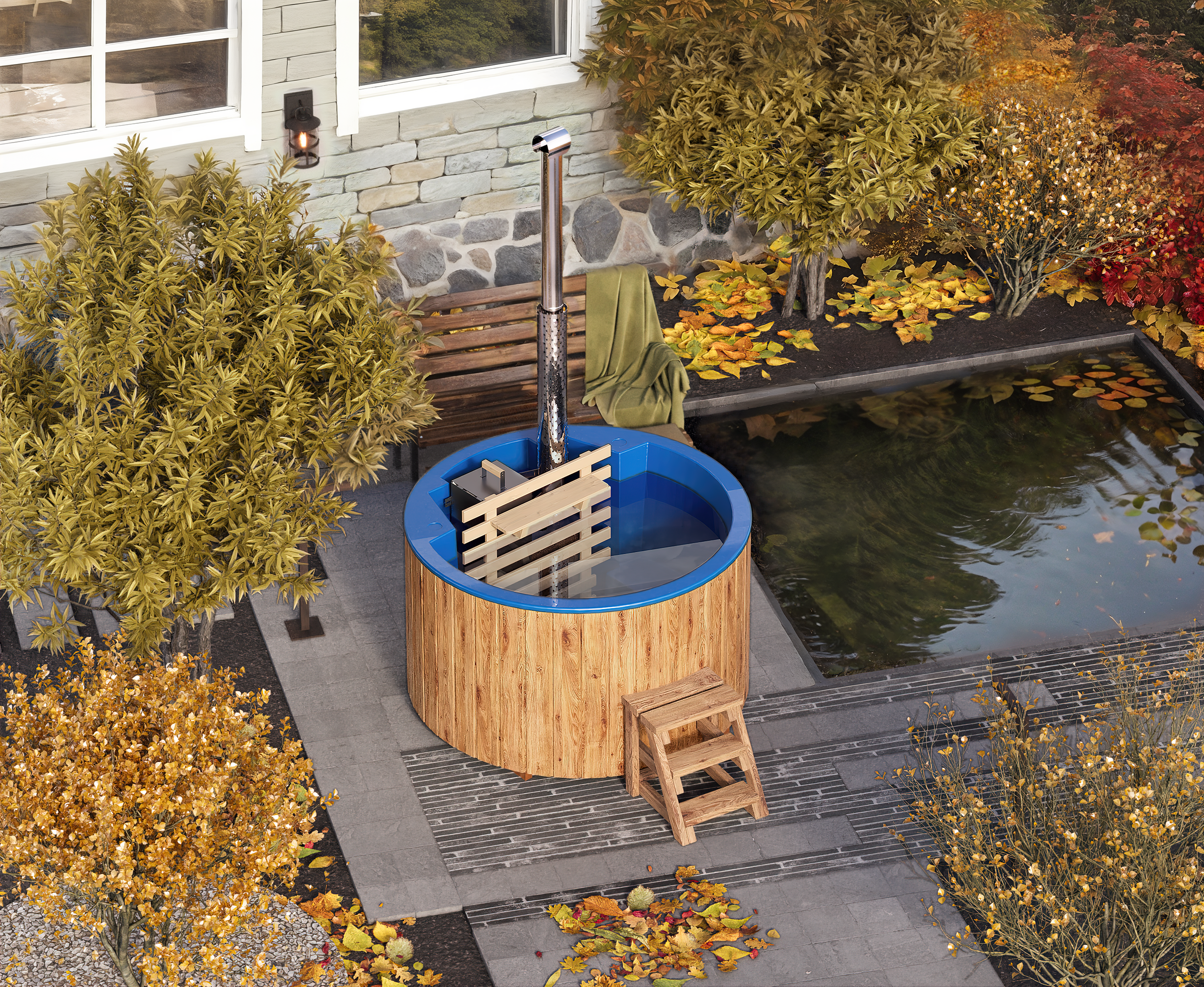 For 3 persons Wood-fired Hot Tub with an Inside Heater