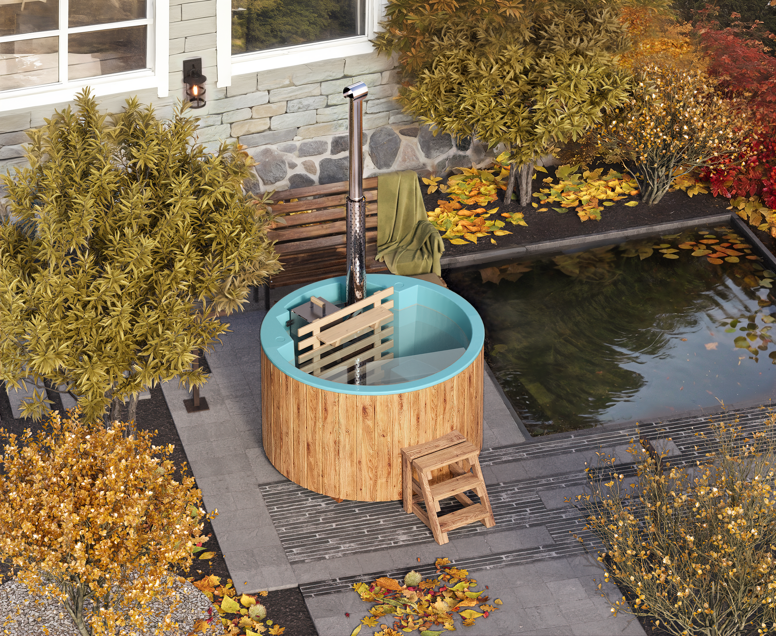For 3 persons Wood-fired Hot Tub with an Inside Heater