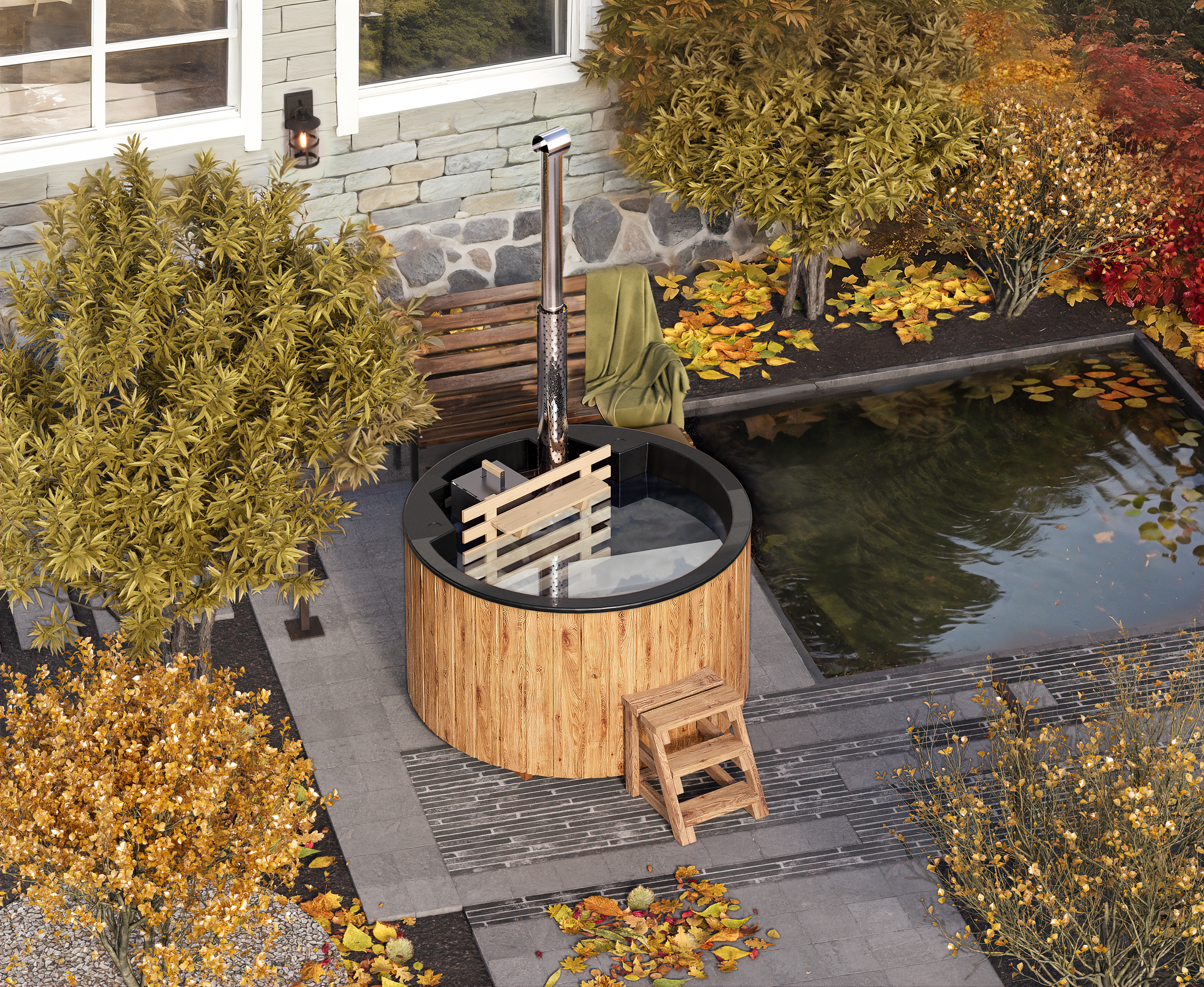 For 3 persons Wood-fired Hot Tub with an Inside Heater