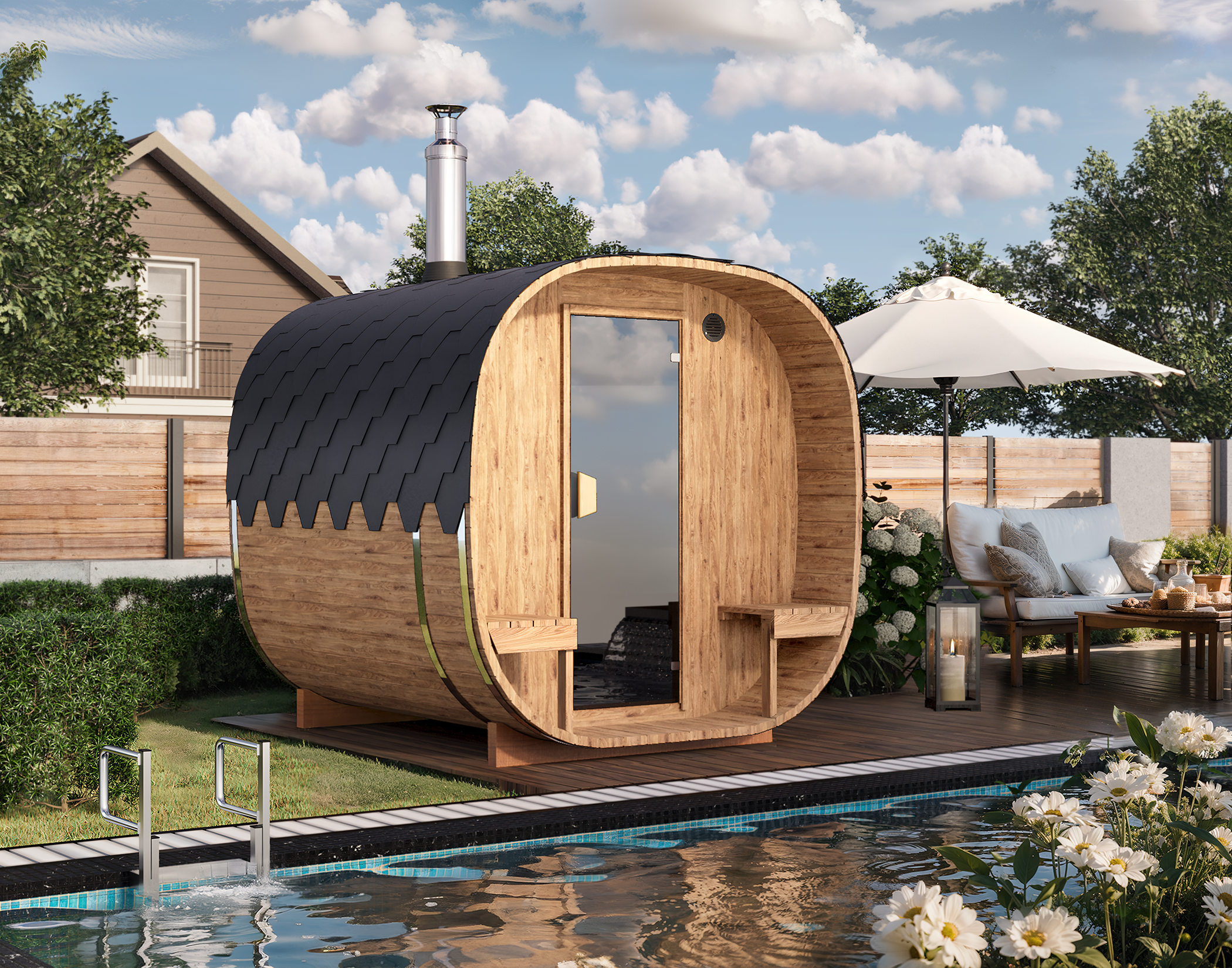 2.4m for 4 persons Cube Barrel Sauna with outside seats