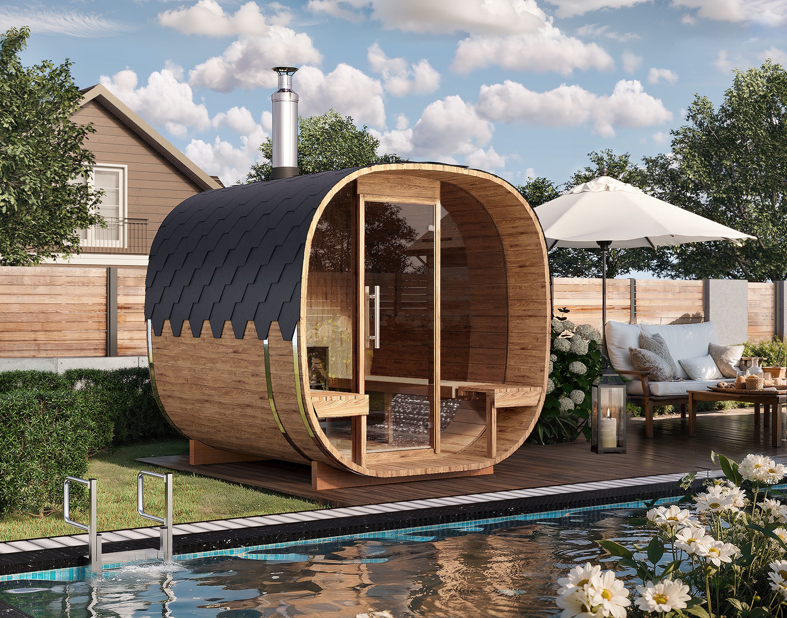 2.4m for 4 persons Cube Barrel Sauna with outside seats