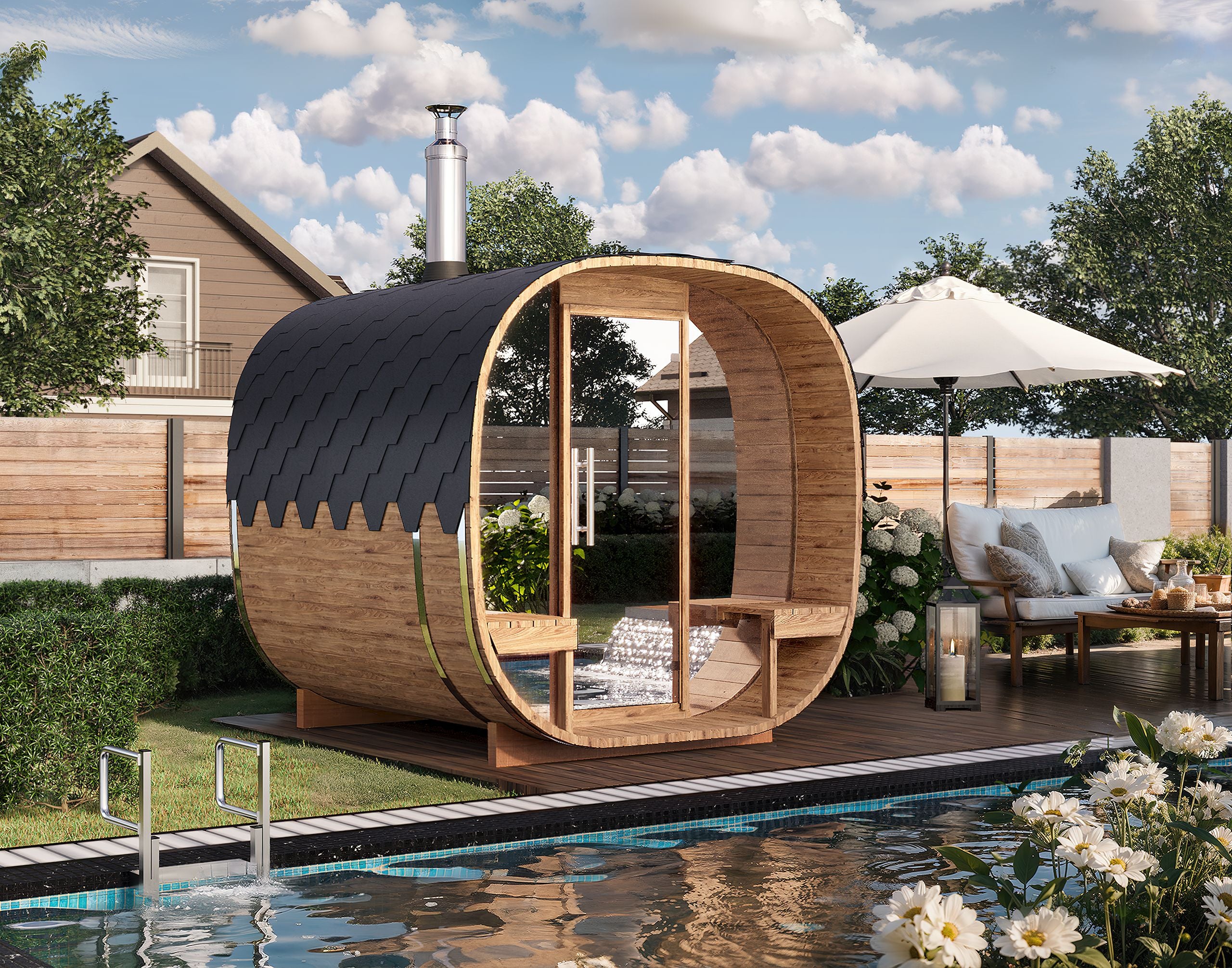 2.4m for 4 persons Cube Barrel Sauna with outside seats