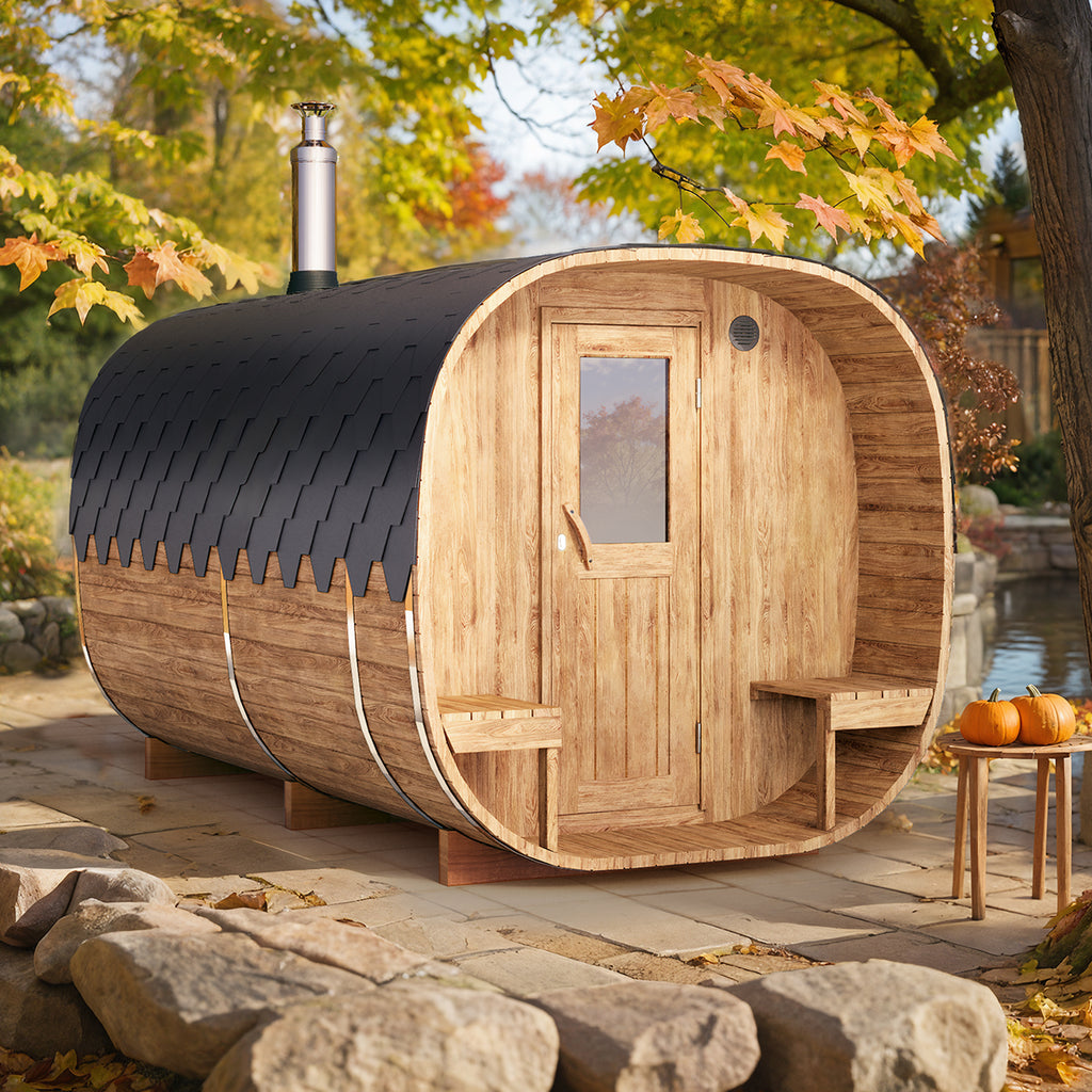 4m for 4 persons Cube Barrel Sauna with dressing room and outside seats