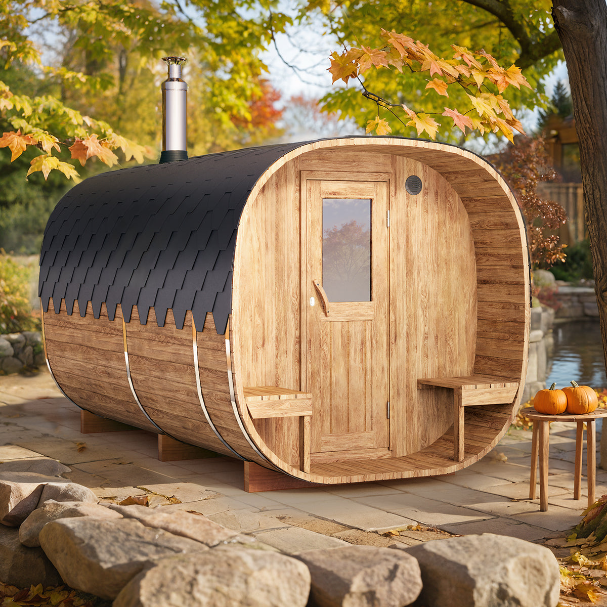 4m for 4 persons Cube Barrel Sauna with dressing room and outside seats