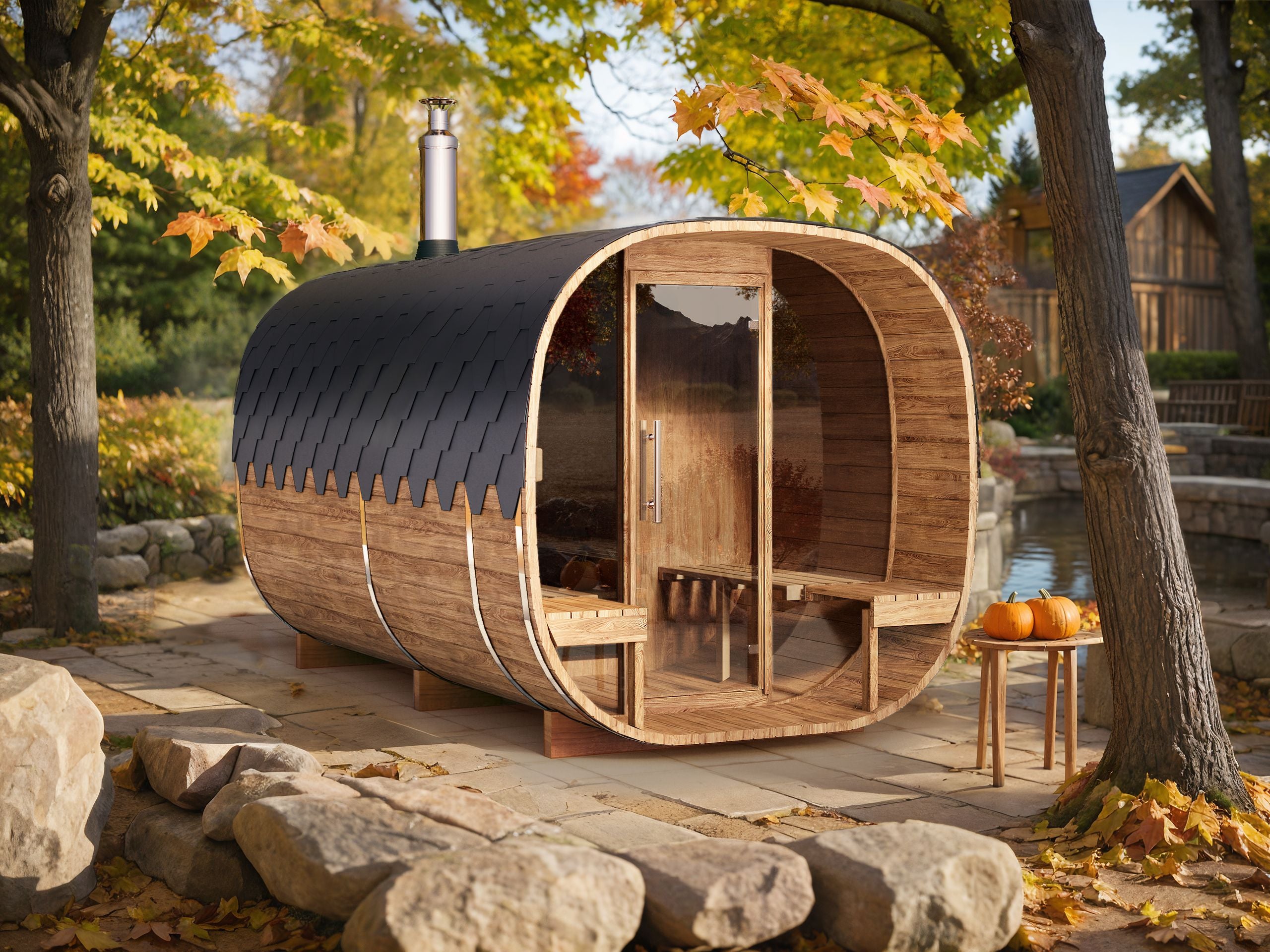 4m for 4 persons Cube Barrel Sauna with dressing room and outside seats