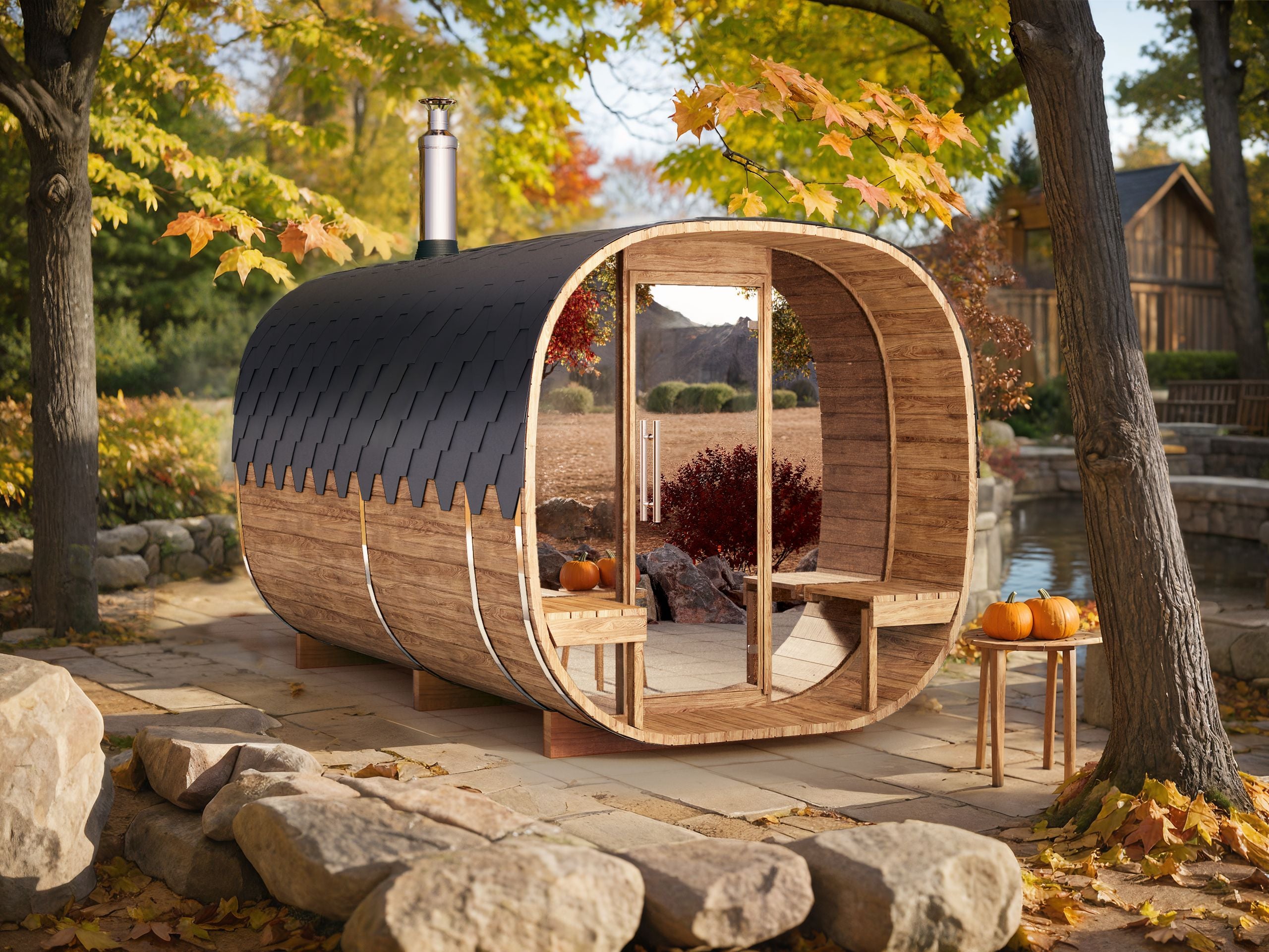 4m for 4 persons Cube Barrel Sauna with dressing room and outside seats