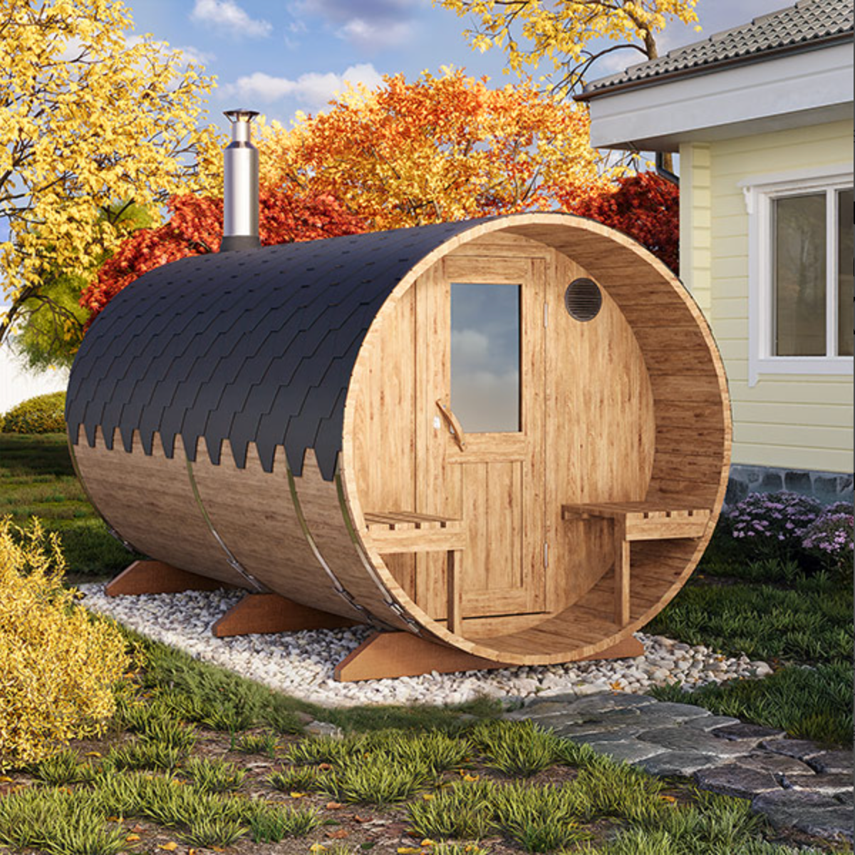 4m for 4 persons Outdoor Sauna with Dressing Room and Outside Seats