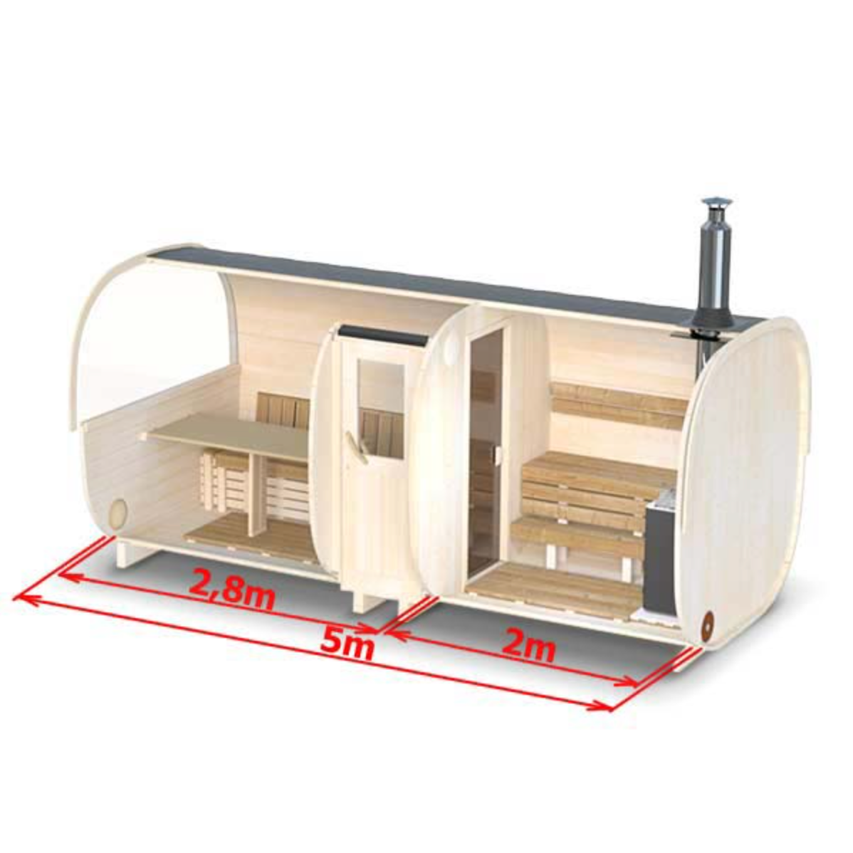 5m Outdoor Sauna for 6 persons with seats or bed