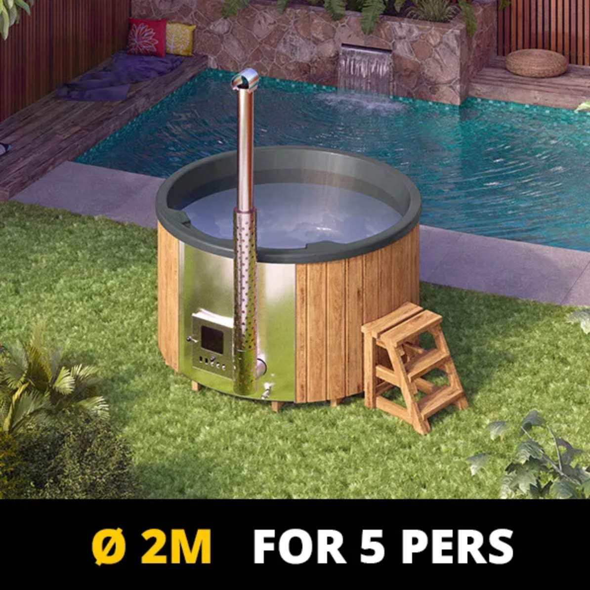 Round Hot Tub with integrated wood-fired stove for 5 people