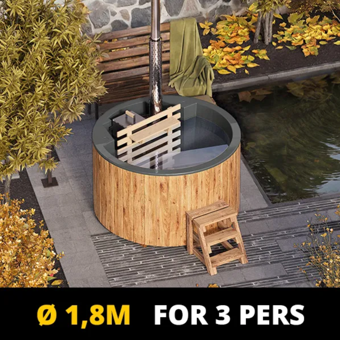For 3 persons Wood-fired Hot Tub with an Inside Heater