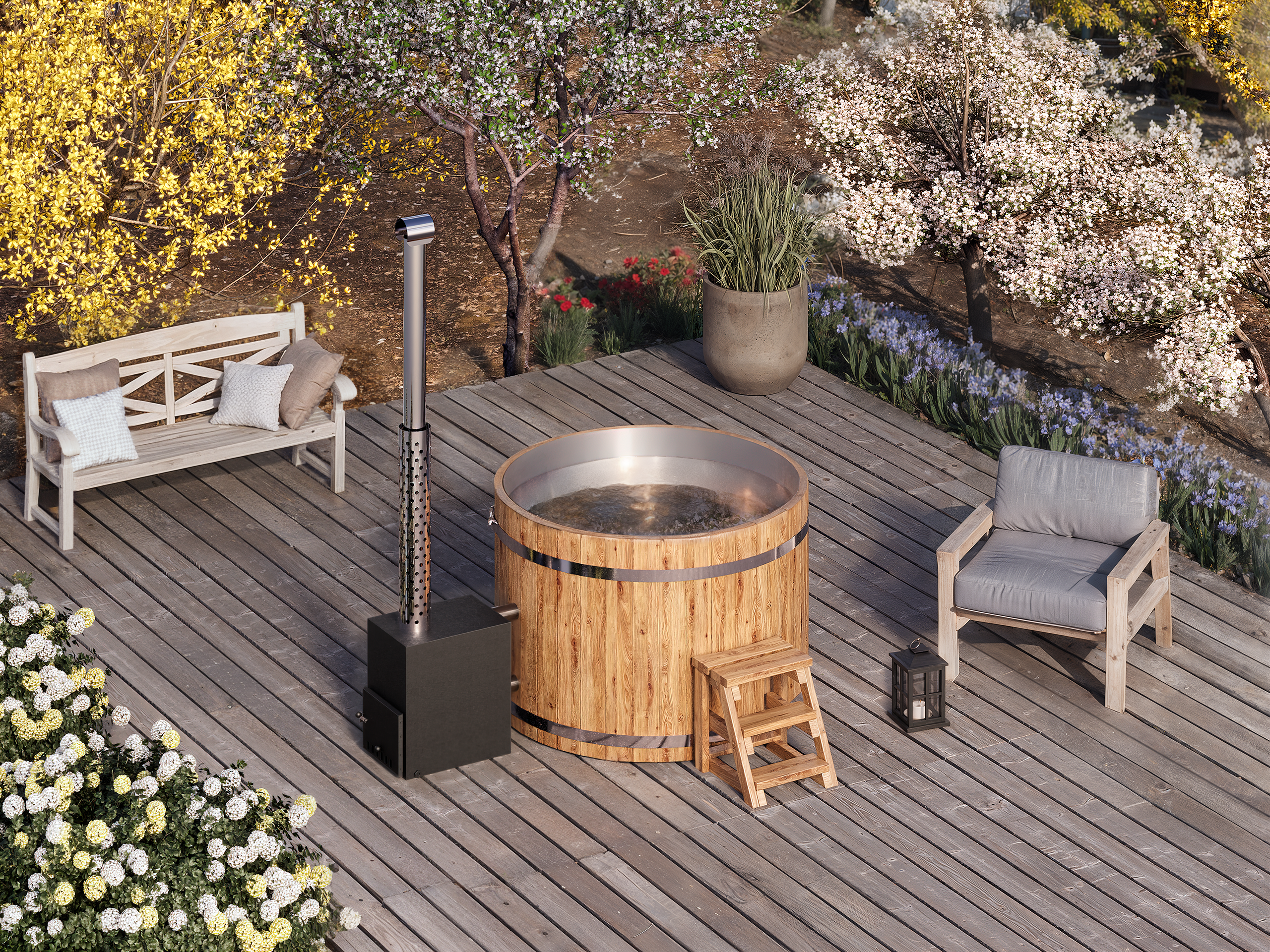 Stainless Steel Wooden Hot Tub with a Wood-Fired Heater